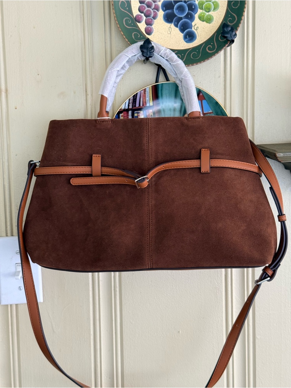 Structured Brown Suede Shoulder Bag with Tan Leather Trim